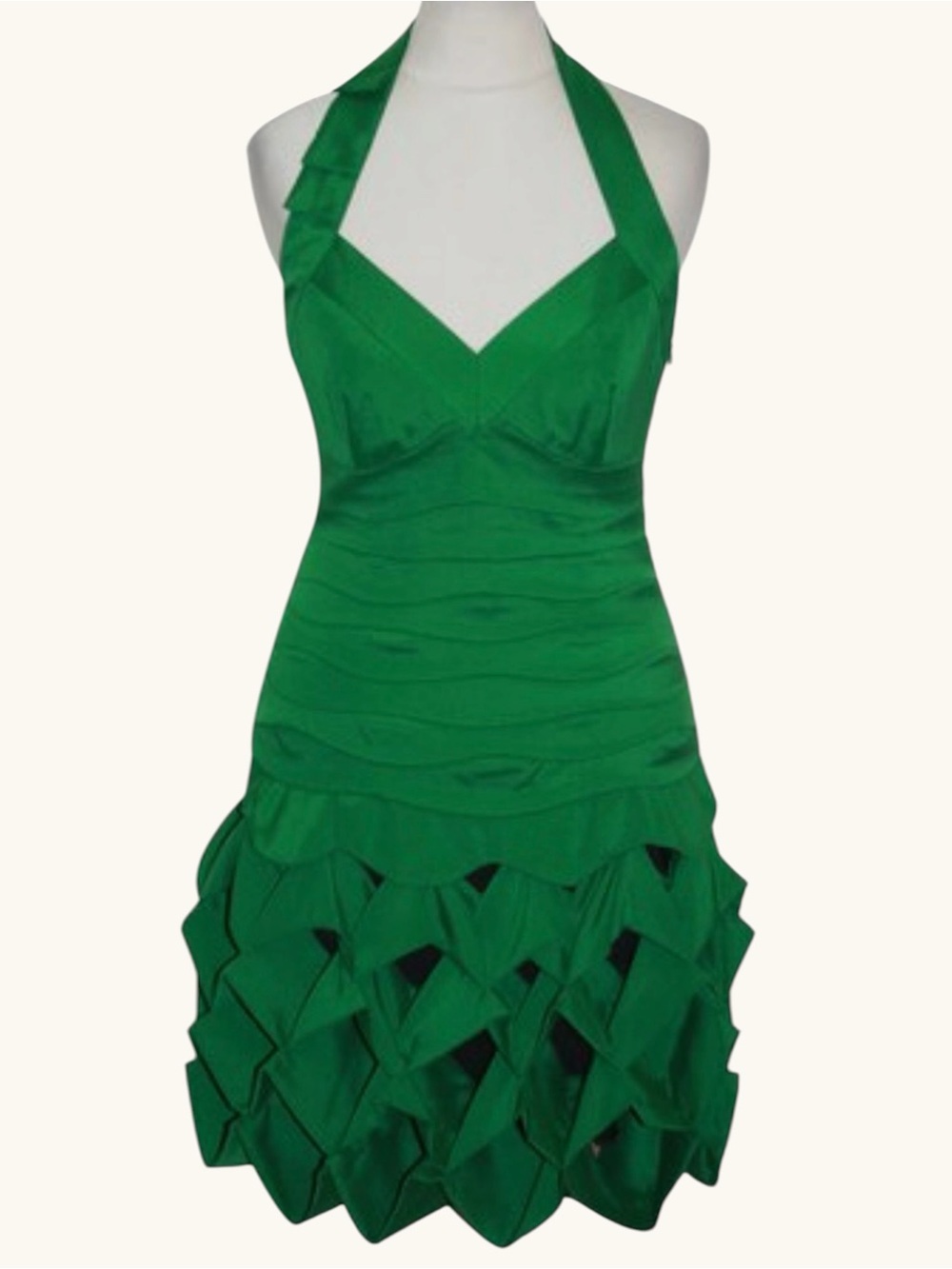 Karen Millen Emerald Green Silk Halter Ruffle Hem Cocktail Dress US 6